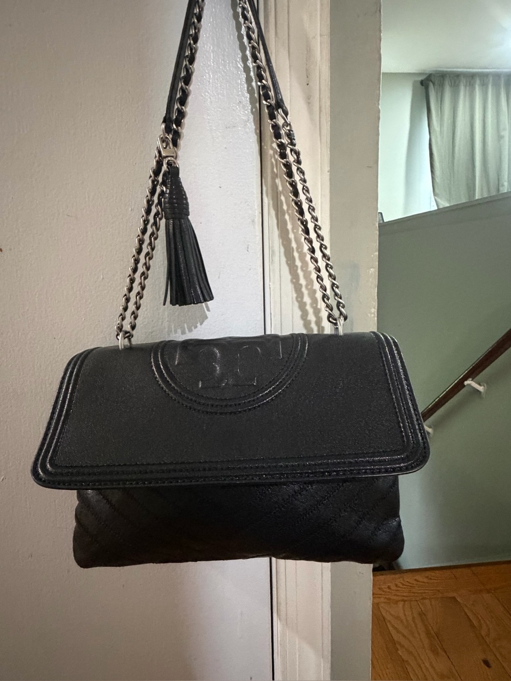 Tory Burch Fleming Large Distressed Leather Chevron Convertible Shoulder Bag - B